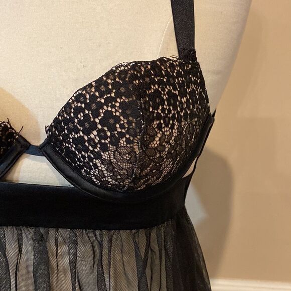 NWT Victoria’s Secret Lace Mesh Black Halter Teddy Babydoll Lingerie Nightie 32B - Picture 3 of 16
